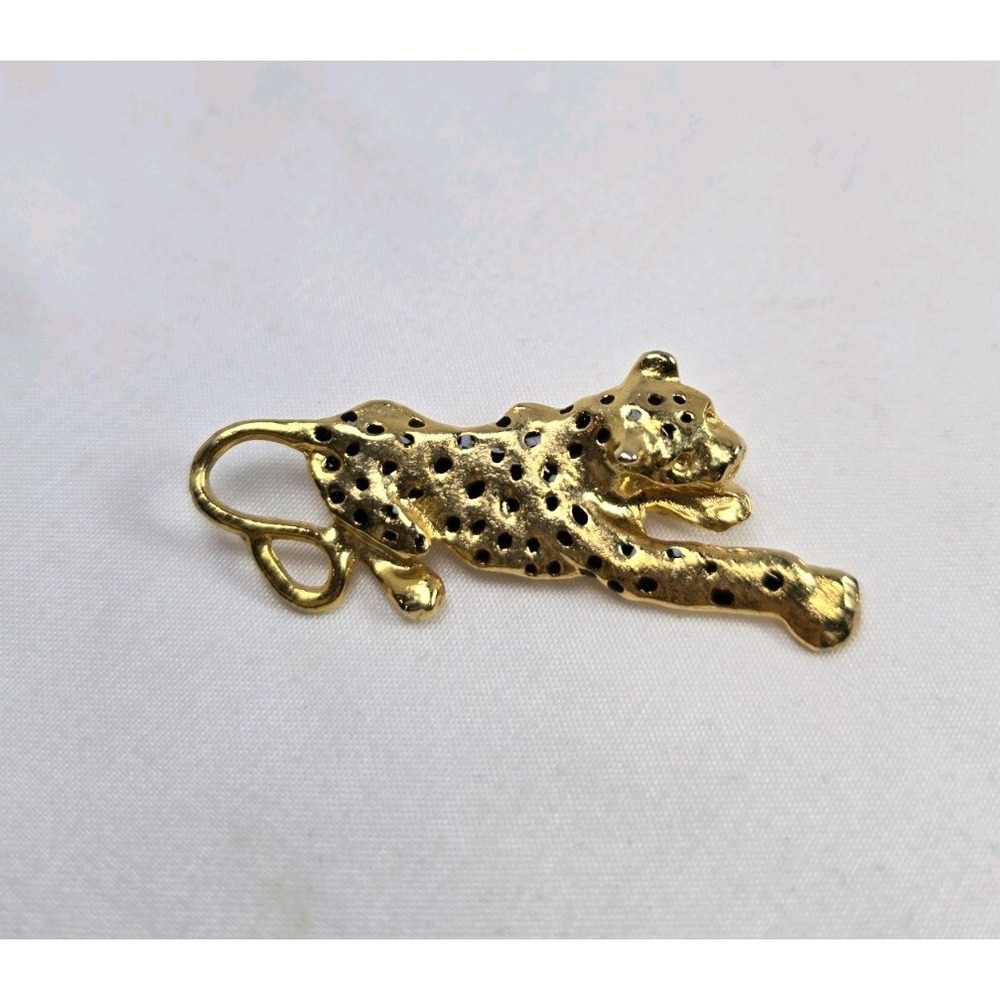 Vintage Leopard Cheetah Brooch Black Enamel Spotted Cat Gold Tone Animal Pin